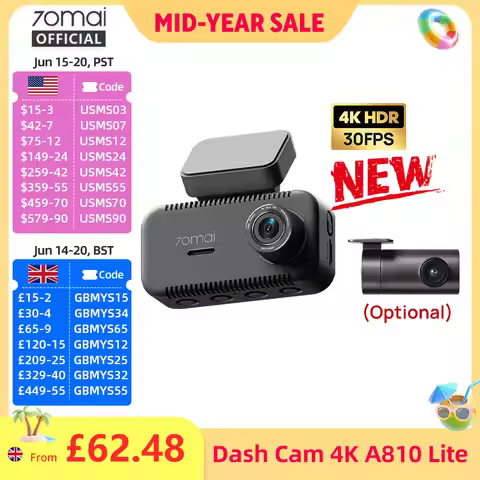 70mai Dash Cam 4K A810 Lite 4K HDR F1.55 Built-in GPS Wi-Fi 6 Voice Control 4G LTE Remote Control Ca