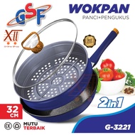 GSF G~3221 WOK PAN WITH STEAMER 32 CM Frying PAN WITH Glass Lid and 2-in-1 STEAMER