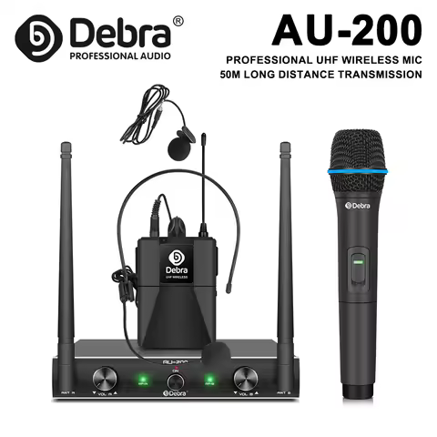 IKGE AU200 Wireless Microphone System, Portable UHF 2-channel Handheld or Lavalier and Headset, for 