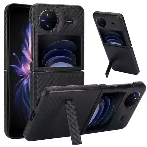 Luxury Carbon Fiber Pattern Leather Phone Case for Vivo X Flip Built-in Stand Holder Protective Ultr