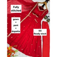 (XL) SG Readystock Georgette gown with pant and dupatta set Indian gown suit for womens