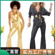inhzoy Womens 70s 80s Disco Prom Jumpsuit Outfit Lapel V Neck Sveless Metallic Shi Contrast Color Fl