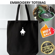 EMBROIDERY SULAM F-22 RAPTOR FIGHTER JET SILHOUETTE LOGO TOTE BAG CANVAS BLACK