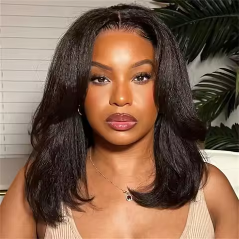 Soft 18Inch Black Yaki Short Bob Preplucked Kinky Straight Lace Front Wig For Women With Baby Hair S