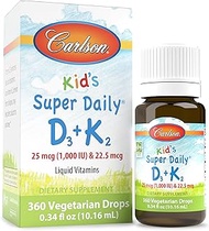Carlson, Kid's, Super Daily D3+K2, 25 mcg (1,000 IU) & 22.5 mcg, 0.34 fl oz (10.16 ml)