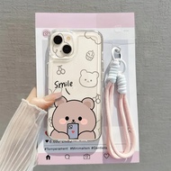 [ Case+Support Strap] Glossy Clear Case Cartoon Motif For Oppo A15 A16 EK A17 K A18 A3S A39 A31 A38 