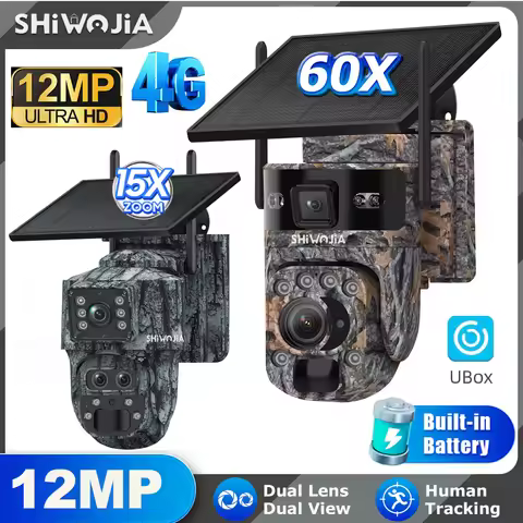 SHIWOJIA 6K 12MP 4G Solar Security Camera 60X ZOOM Outdoor 360° View Animal Monitoring Solar Battery