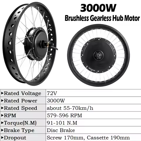 72V 3000W Brushless Gearless Hub Motor for Electric Fat Bike Rear Wheel 20in 26in Snow Bicycle Fat T
