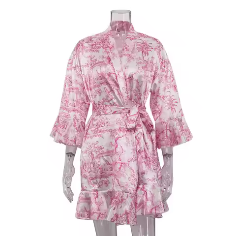 Robe Maje Casual Loose Print Women's Dress 2024 Fashion V-Neck Long Sleeve Mini Dresses Elegant Lace