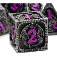 Haxtec Metal DND Dice Set Black Purple Dragon Pattern D&D Dice Set with Leather Dice Bag Metal Polyh
