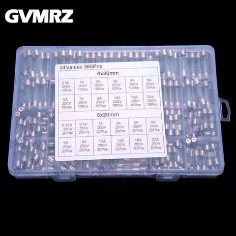 24Values 360PCS 5x20 6x30 Glass fuse kit 0.25A 0.5A 1A 2A 3A 4A 5A 8A 10A 12A 15A 20A 250V 6A 7A
