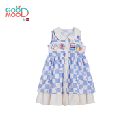 Good Mood by bsc ชุดกระโปรงแขนกุดคอบัวพิมพ์ลายตารางสีฟ้า+PATCHES 4 ชิ้น สำหรับเด็กอายุ 2-9 ปี ผ้าไหม