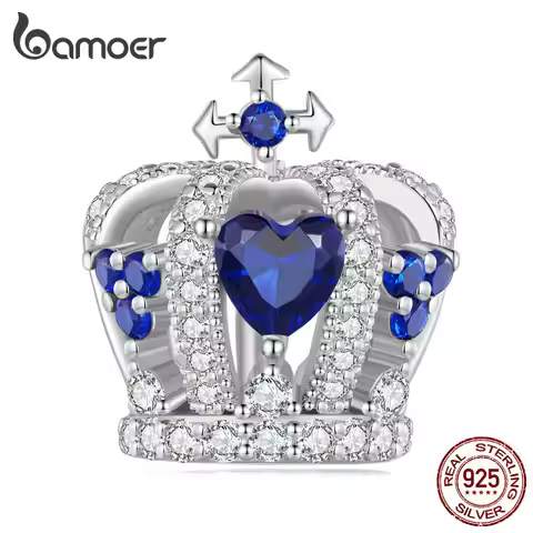 Bamoer 925 Sterling Silver Blue Heart Zircon Crown Bead Vintage Charms for Women Bracelet and Bangle