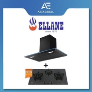 ELLANE EH-2690 90CM BLACK DESIGNER CHIMNEY HOOD + ELLANE EG-388SV 87CM 3 BURNER GLASS GAS HOB WITH S
