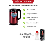 Ấm bình siêu tốc cao cấp Midea MK-317DB . Bộ cảm nhiệt Strix siêu bền kiểm soát nhiệt độ chuẩn xác H