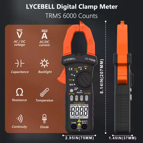 7200B TRMS Clamp Meter 6000 Counts 400A AC/DC Current Voltage NCV Temp Hz Tester 26mm Jaw for Auto H