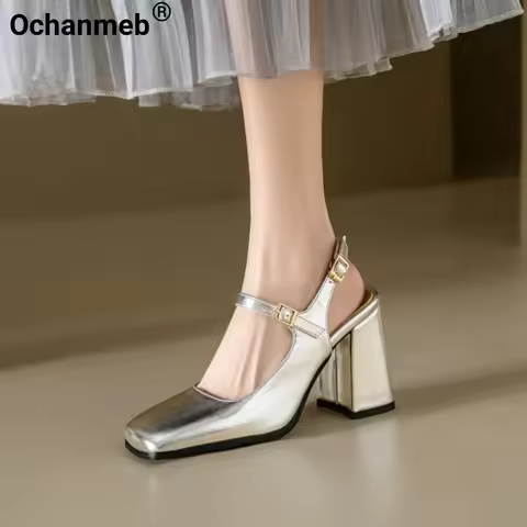 Ochanmeb Big Plus Size 45 46 Women Slingbacks Pumps Double Buckle Strap Silver Chunky High-Heeled Sh