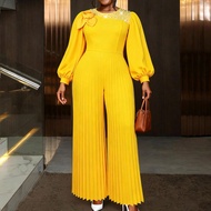 Women Plus Size Yellow Pleated Jumpsuit Long Sleeve Round Neck Bishop Sleeve Pearls 3D Rose Embellis