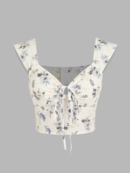 Cider Floral Zipper Knotted Crop Top