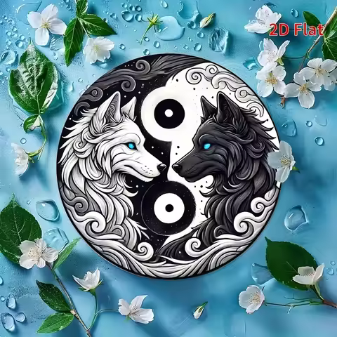 1pc Yin Yang Harmony Wall Art - 8"x8" Round Iron Sign with Black and White Wolf Design, 2D Flat Prin
