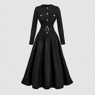 Women's Elegant Commuter Knit Patchwork Mid-Length Dress, Business Casual Outfits Women, Back To Sch