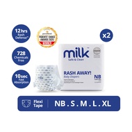 Milk Baby Diaper Flexi Tape Bundle - NB44/S96/M84/L72/XL60 (2 Packs)