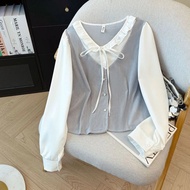 FY-2025 New ~ Women's Shirt Splicing Color V-Neck Tie Up Butterfly Knot Loose Type Sweet Ladies