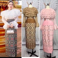 (S-4XL) ชุดเซต2ชิ้น ลายไทย ชุดไทยผ้าอัดกาว เสื้อลายไทย +กระโปรงสำเร็จพร้อมใส่ ทรงเข้ารูป ชุดไทยจิตรล