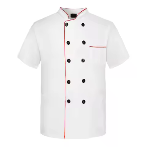 Line Decor Chef shirt Double Breasted Patch Pocket Short Sleeve Chef Uniform Stand-up Collar Chef Ja