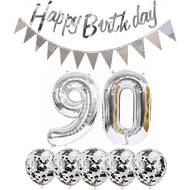 2 Balloons Number 90+ haappy Birthday Garland + Silver Banner foil Balloon 90th Birthday Decoration+