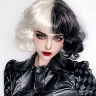 Had diskon masa[Halloween] Black White Witch Cruella Cruella Color Matching Curly Short Hair Yin Yan
