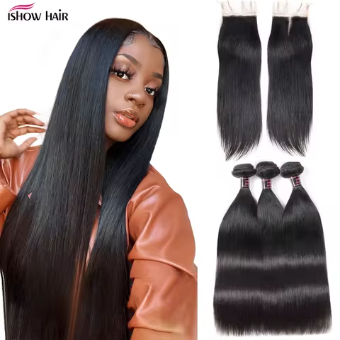 Ishow Straight Hair Bundles with Closure Transparent Lace Closure with Bundles Brazilian Human Hair 