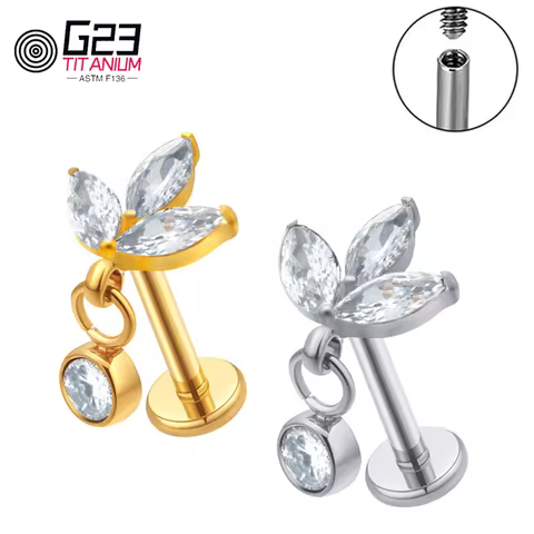 F136 ASTM Titanium Implant Grade Triple Marquise CZ Internally Threaded Labret Monroe Lip Cartilage 