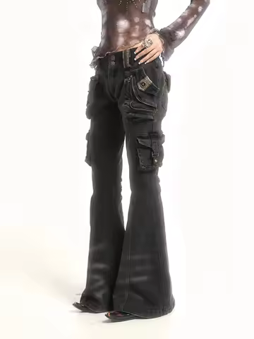 WCFCX STUDIO Women Y2k Cargo Pants Harajuku Retro Flare Jeans Streetwear Aesthetic Spicy Girl Slim F