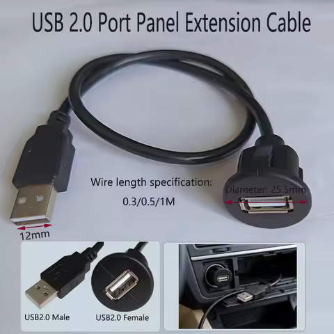 1PC 0.3M/0.5M/1M USB2.O Port Panel Extension Cable Snap On Fixed Car Panel Male To Female Socket Emb