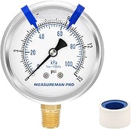 MEASUREMAN PRO 2.5 inch Dial Size, Glycerin Filled Pressure Gauge, 0 to 15psi/kpa, 304 Stainless Ste