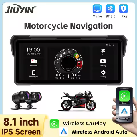 JIUYIN Portable 8.1 inch IPX8 Waterproof Motorcycle 2K DVR GPS Navigation Wireless Carplay Android A