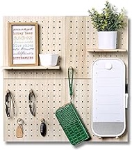 IneVibe Pegboards for Wall Display - 4 Piece Wooden Organizer &amp; Holder for Craft Accessories, Nerf Guns, Jewelry for Use in Kitchen, Garage, Office - 16 Pegs, 2 Shelves &amp; Bag, 26x26 (Natural)