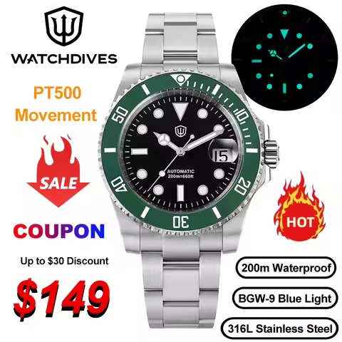 Watchdives WD5512 V2 Mechanical Watch PT5000 Automatic Movement Stainless Steel Luxury Watch 200m Wa