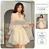 Miss COQUI white long-sleeved Dress, short-sleeved flared party Dress with bow tie collar, embroider