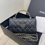 【全套帶票】CHANEL 23P Kelly黑色金扣荔枝紋牛皮橫版鏈條包 可單肩斜挎