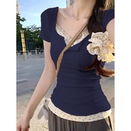 Lace T-shirt Women's Spring and Summer Inner Wear Solid Color and V-neck Simple Korean Style Top