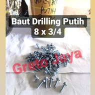 ( 8x3/4 ) Baut Drilling Putih Self Drill Roofing Baja Ringan Galvalum