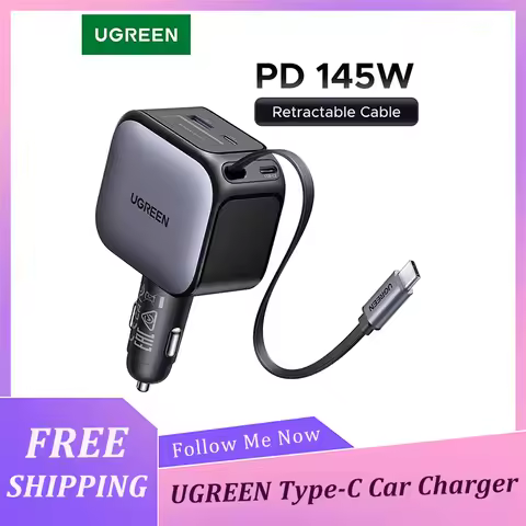 UGREEN USB Type-C Car Charger PD145W 90W 60W Retractable Cable PD SCP AFC PPS Fast Charging For Tabl