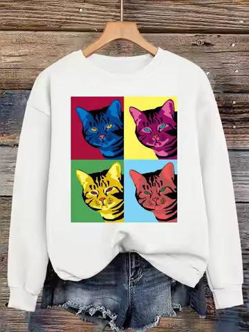 Colorful Cat Four Palace Grid Pattern Sweatshirts Women Fleece Multicolor Pullovers Crewneck Loose S