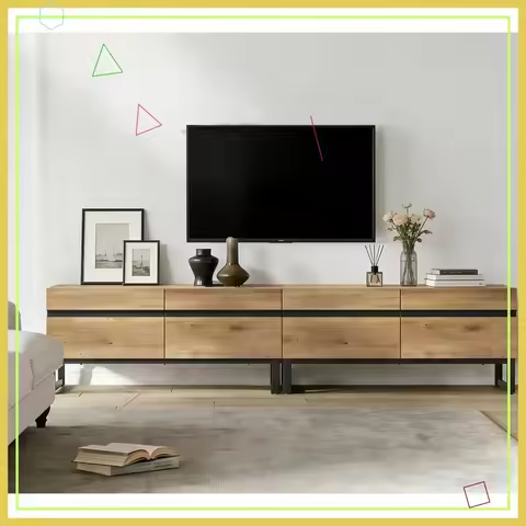 Modern TV Stand for 75 Inch TVs, 2-in-1 Entertainment Center with Storage Cabinets, Oak Finish Media