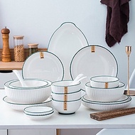 Bộ bát đĩa gốm sứ Phương Đông trắng viền xanh sang trọng, chén dĩa decor trang nhã, tặng kèm bộ đũa 