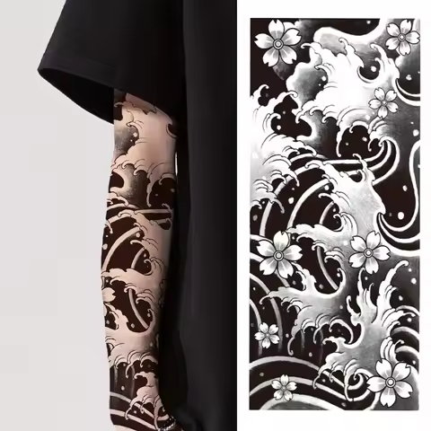 1pc Half Sleeve Sakura Wave Herb Tattoo Sticker, Flower Arm Tattoo, Waterproof and Long-Lasting Temp