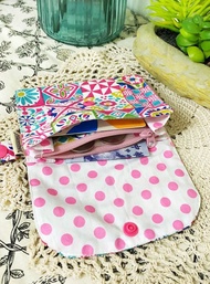 北歐花瓷磚粉紅色圖案雙層小收納袋小卡片包口罩收纳多功能小包