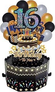 16th Pop Up Birthday Card, Black Gold Greeting Card, 16th Birthday, 3D Pop-up Cards, Greeting Card w